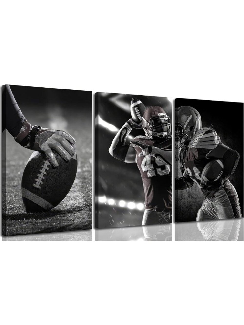 3-Piece Black & White Football Canvas Art Set - Sports Wall Decor for Man Cave